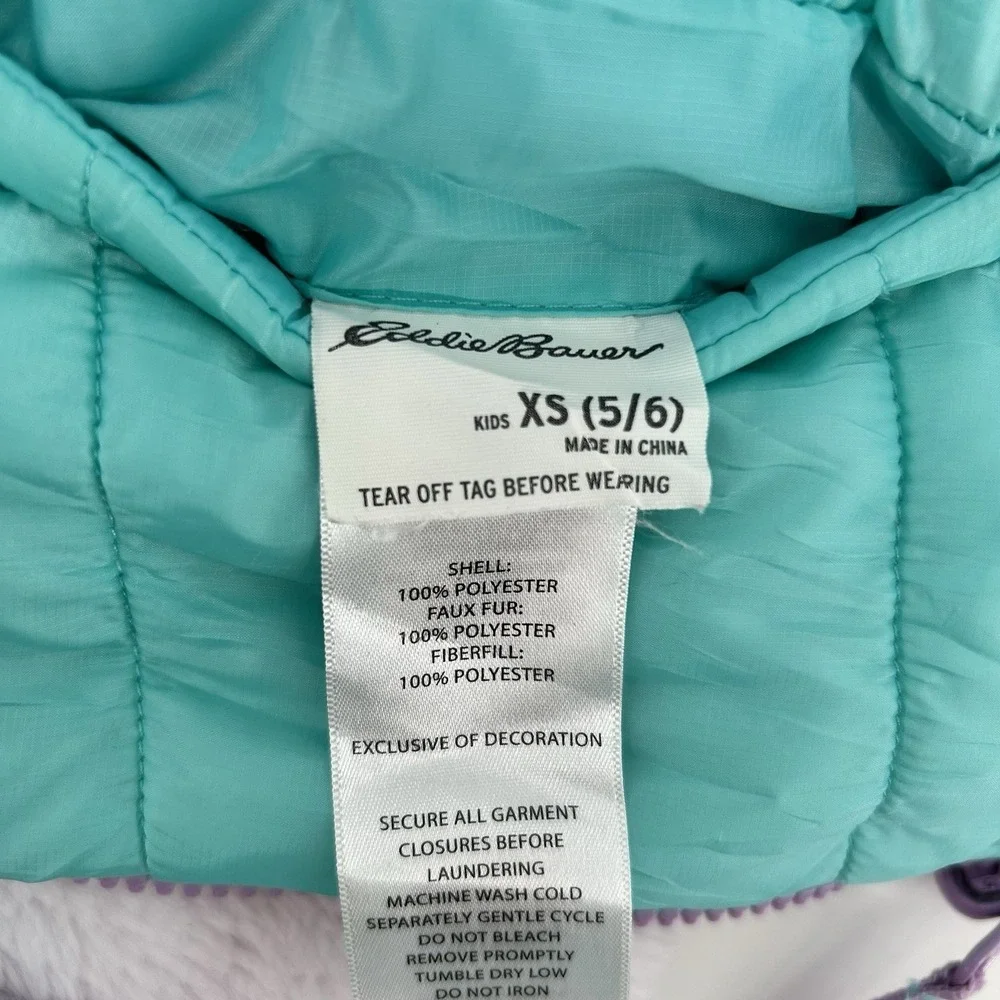 Eddie Bauer‎ Girls Reversible Jacket XS 5/6 Teal Sherpa Hooded Coat